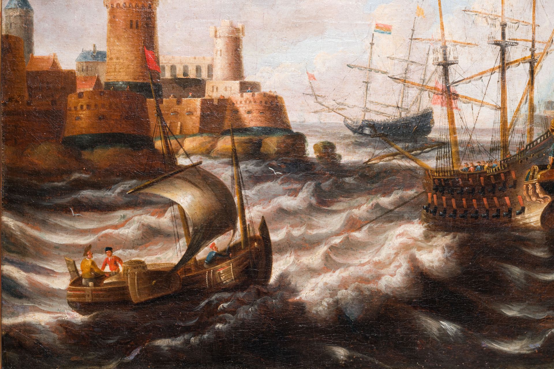 Peter van den Velde (1634-1723/1724, attr. to): 'Harbour view with four ships at sea', oil on canvas - Image 5 of 6