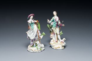 A pair polychrome Meissen porcelain figures of a shepherd and a shepherdess, Germany, 18th C.
