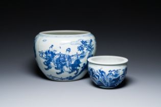 Two Chinese blue and white fish bowls or jardinieres with figurative design and mythical animals, 19