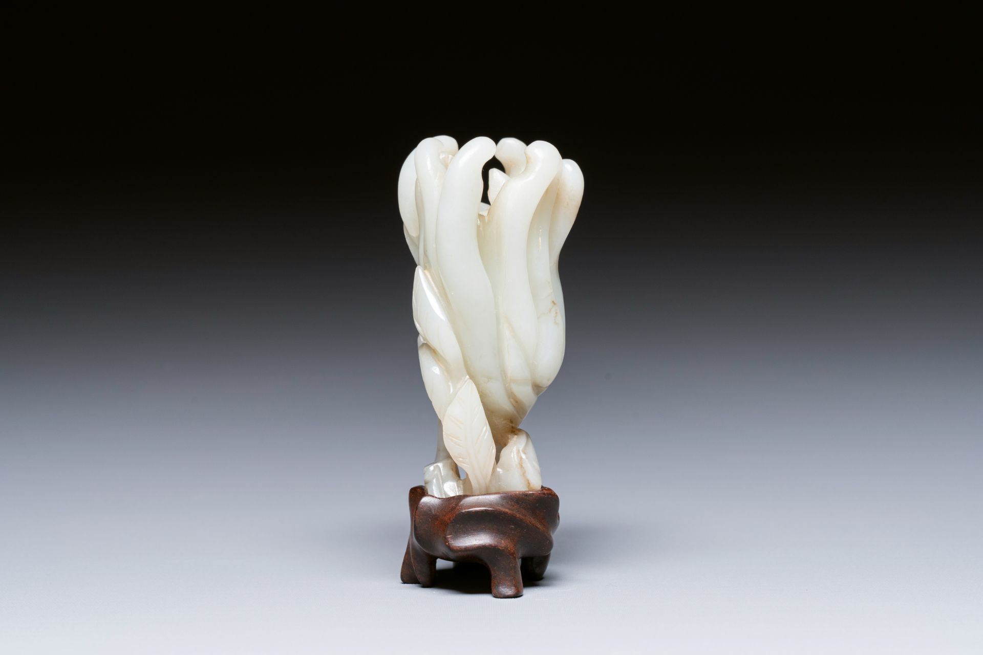 A fine Chinese white jade carving of a Buddha's hand on wooden stand, Qing - Image 5 of 7