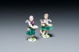 Two putti disguised as a dancer and a courtesan in polychrome Meissen porcelain, Germany, 18th C.