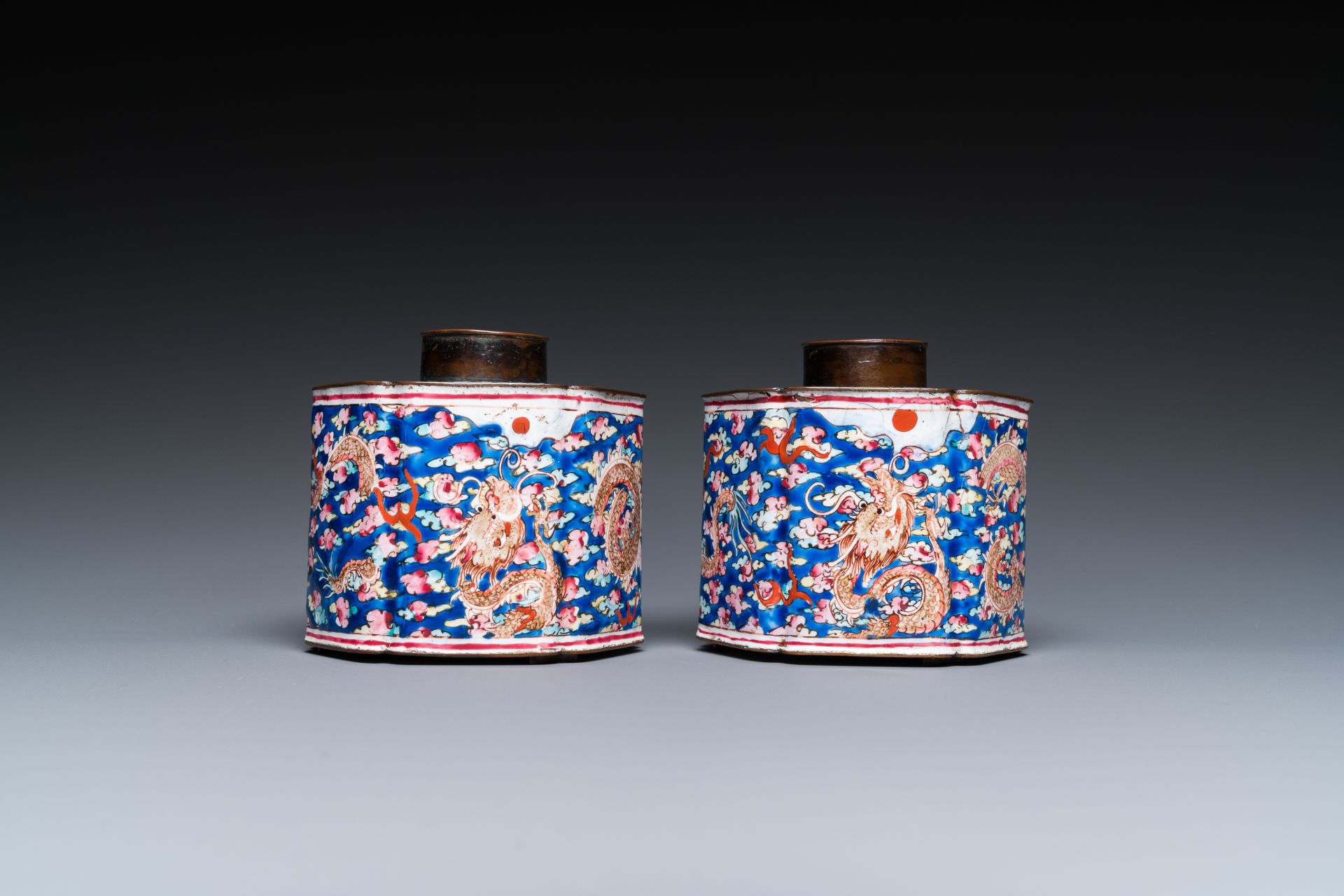 A pair of Chinese Canton enamel tea caddies and covers with dragons among clouds, Qianlong - Image 2 of 7
