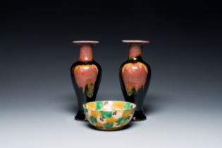 A pair of Chinese flambe-glazed vases and a sancai-glazed bowl, Kangxi and 19th C.