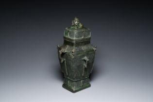 A large Chinese archaic bronze vase and cover, 'fanglei', Ming