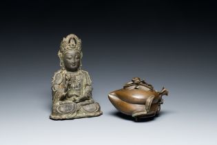 A Chinese bronze Buddha and a peach-shaped incense burner, Ming and Qing