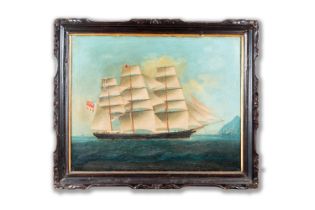 Canton school, China: 'A British merchant vessel at sea', oil on canvas in original Chippendale-styl