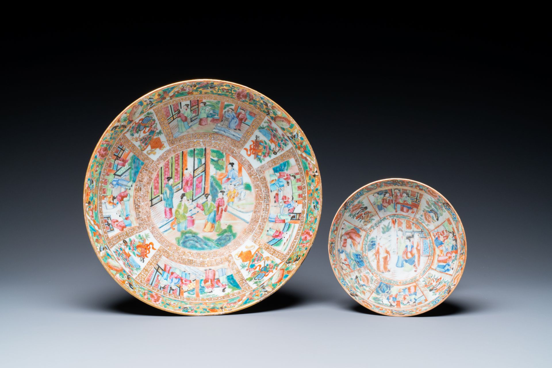 Two Chinese Canton famille rose bowls and a dish, 19th C. - Image 8 of 9