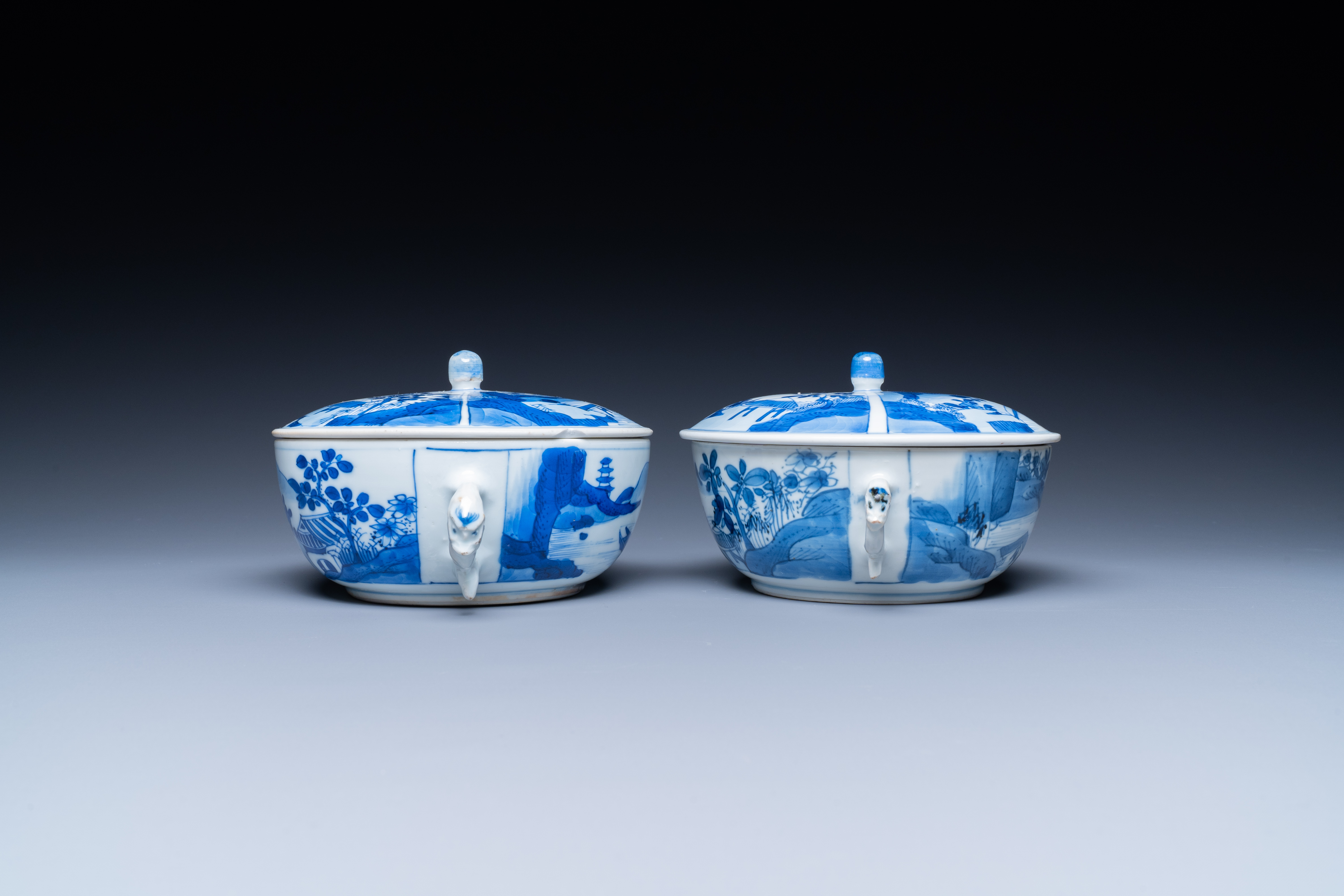 A pair of Chinese blue and white bowls and covers, Kangxi - Image 3 of 7
