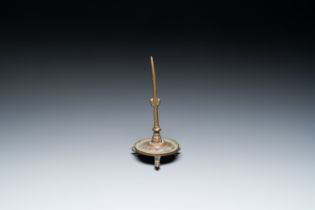 A bronze tripod pricket candlestick, the Low Countries, 14/15th C.