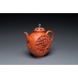 A Chinese reticulated double-walled Yixing stoneware teapot and cover with silver mounts, Kangxi