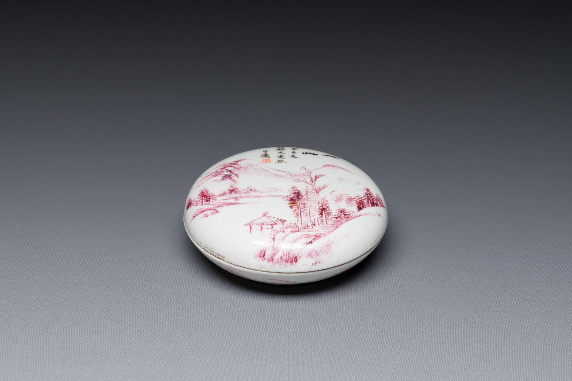 A Chinese purple-decorated seal paste box and cover with a landscape, signed Qing æ…¶, Mei ç¾Ž seal - Image 2 of 8