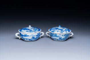 A pair of Chinese blue and white bowls and covers, Kangxi