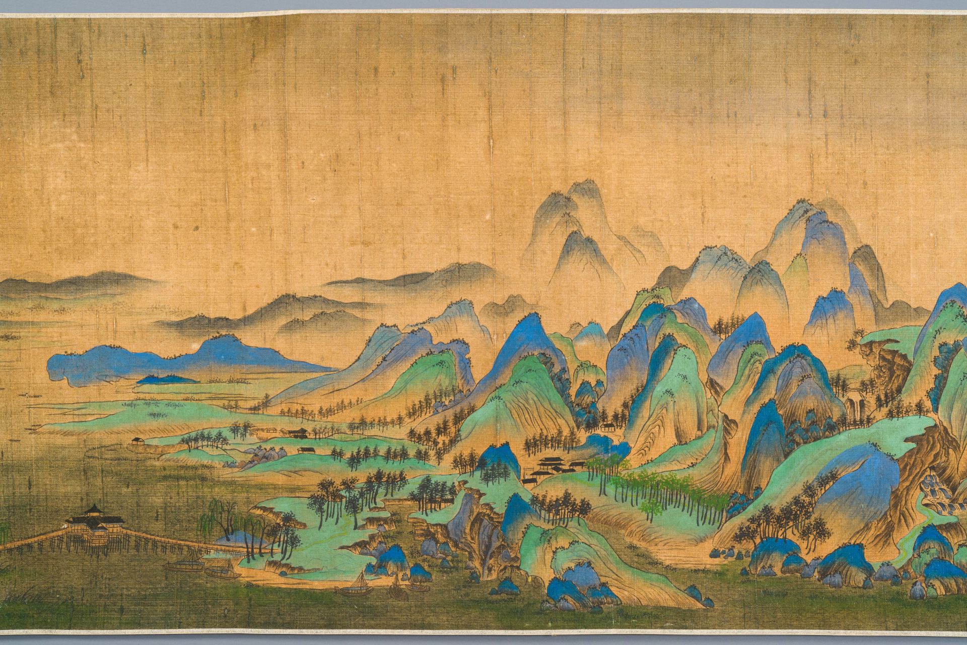 Chinese school: 'Mountainous landscape', ink and colours on silk, Qing - Image 15 of 15
