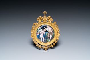 A French Limoges enamel 'The Baptism of Christ' medallion in a gilt ornate frame, 17/19th C.