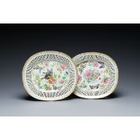 A pair of Chinese oval reticulated Canton famille rose 'butterfly' dishes, 19th C.
