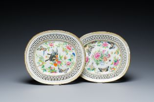 A pair of Chinese oval reticulated Canton famille rose 'butterfly' dishes, 19th C.