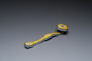 A Chinese Beijing enamel yellow-ground 'bajixiang' ruyi sceptre, Qianlong mark, 19/20th C