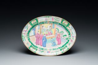 An oval Chinese Canton famille rose dish, Jiaqing/Daoguang