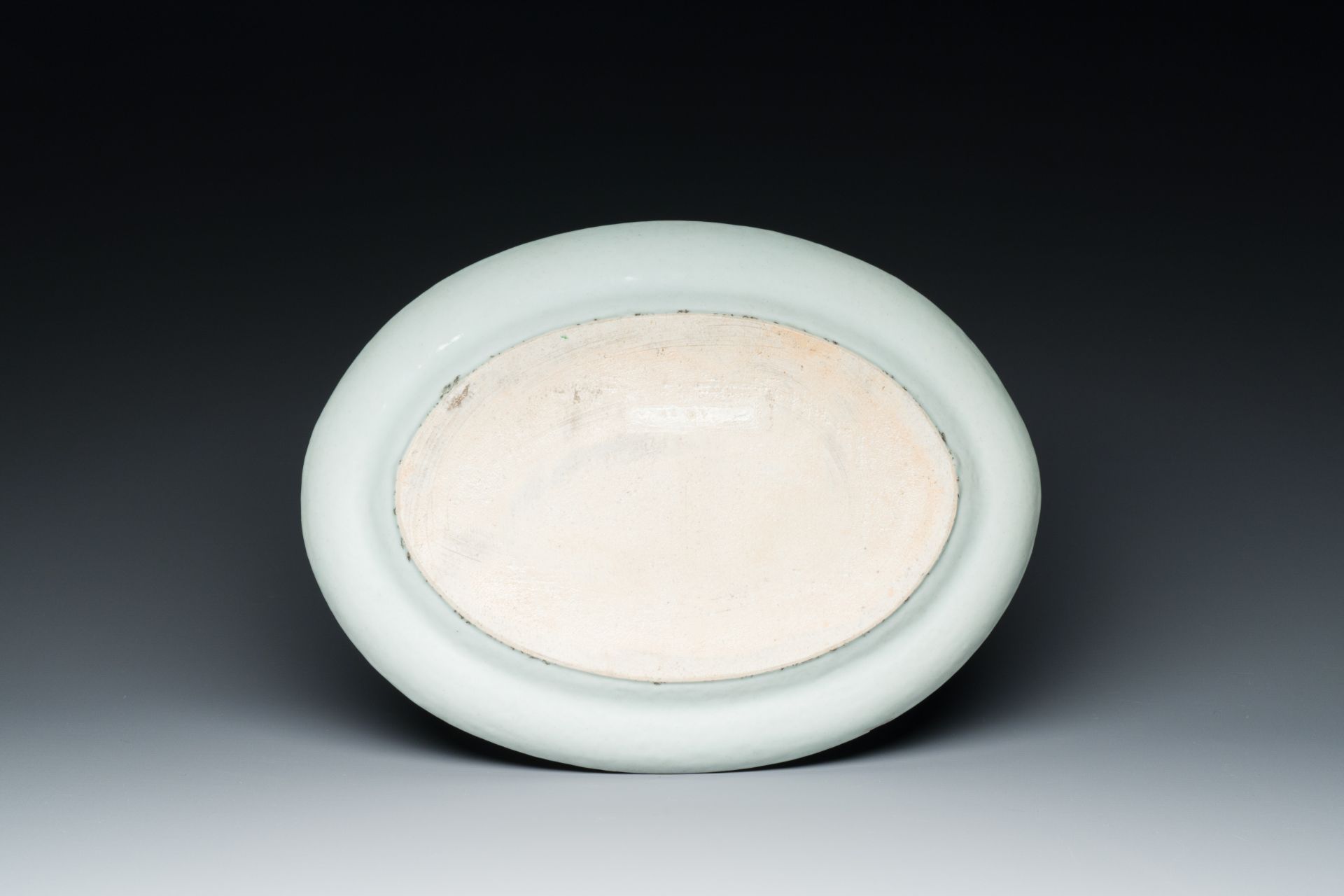 An inscribed oval Chinese Canton famille rose dish, Jiaqing/Daoguang - Image 2 of 2