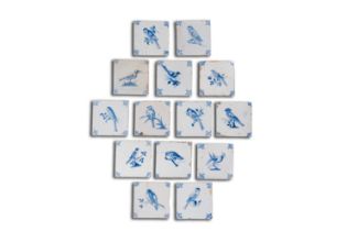 14 Dutch Delft blue and white 'bird' tiles, 17th C.