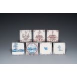 Seven Dutch Delft blue, white and manganese tiles, incl. three from the Aalmis workshop in Rotterdam