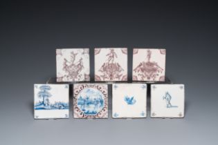 Seven Dutch Delft blue, white and manganese tiles, incl. three from the Aalmis workshop in Rotterdam