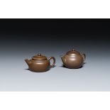Two Chinese Yixing stoneware teapots and covers with brass mounts, one with Yigong é€¸å…¬ seal mark,