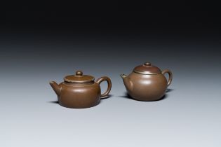Two Chinese Yixing stoneware teapots and covers with brass mounts, one with Yigong é€¸å…¬ seal mark,