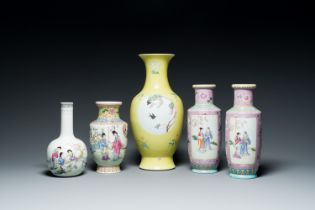 Five Chinese famille rose vases, Qianlong marks, 20th C.