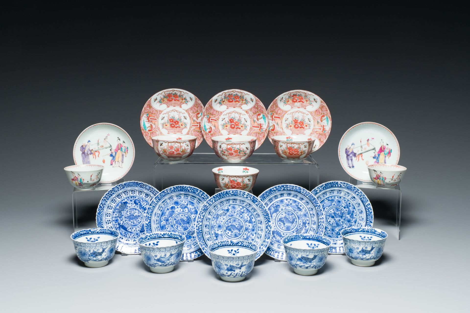 Ten Chinese blue, white, famille rose and Dutch-decorated cups and nine saucers, Kangxi and later