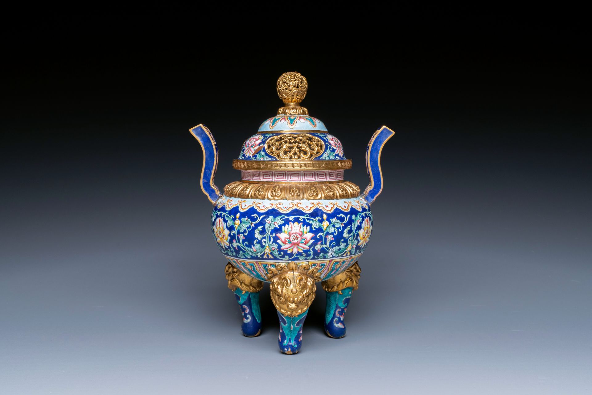 A Chinese 'imperial tribute' blue-ground Canton enamel incense burner and cover, Qianlong mark and o - Image 2 of 10
