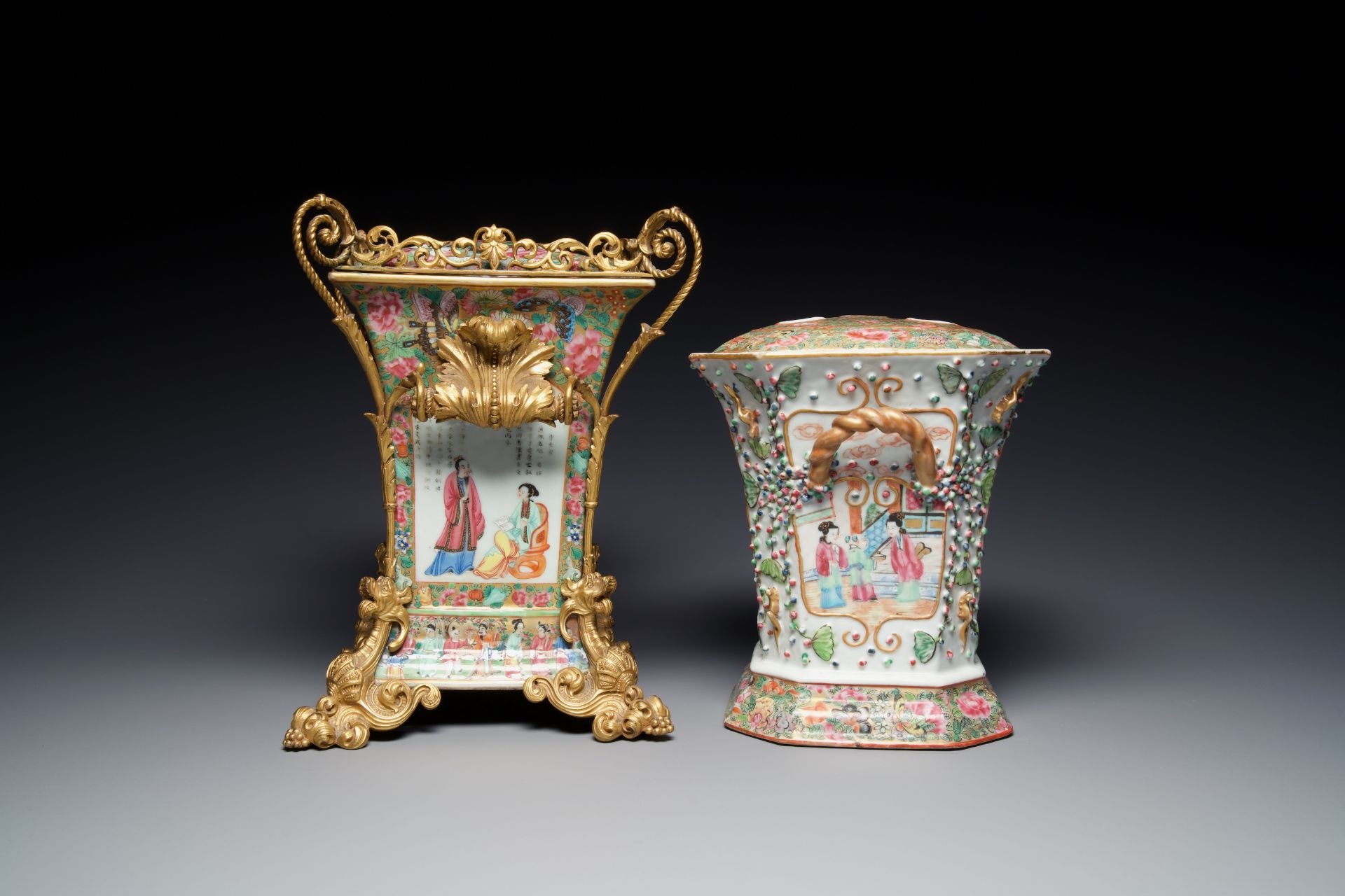 Two fine Chinese Canton famille rose flower holders, one with a gilt bronze mount, 19th C. - Image 3 of 7