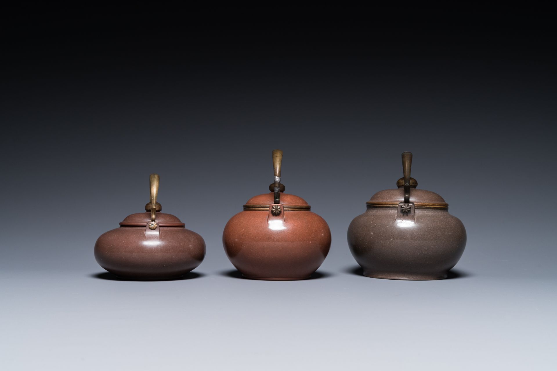 Three Chinese polished Yixing stoneware teapots and covers for the Thai market, Gong Ju è´¡å±€ mark, - Image 5 of 9