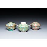 Three Chinese Canton famille rose bowls and covers for the Thai market, 19th C.