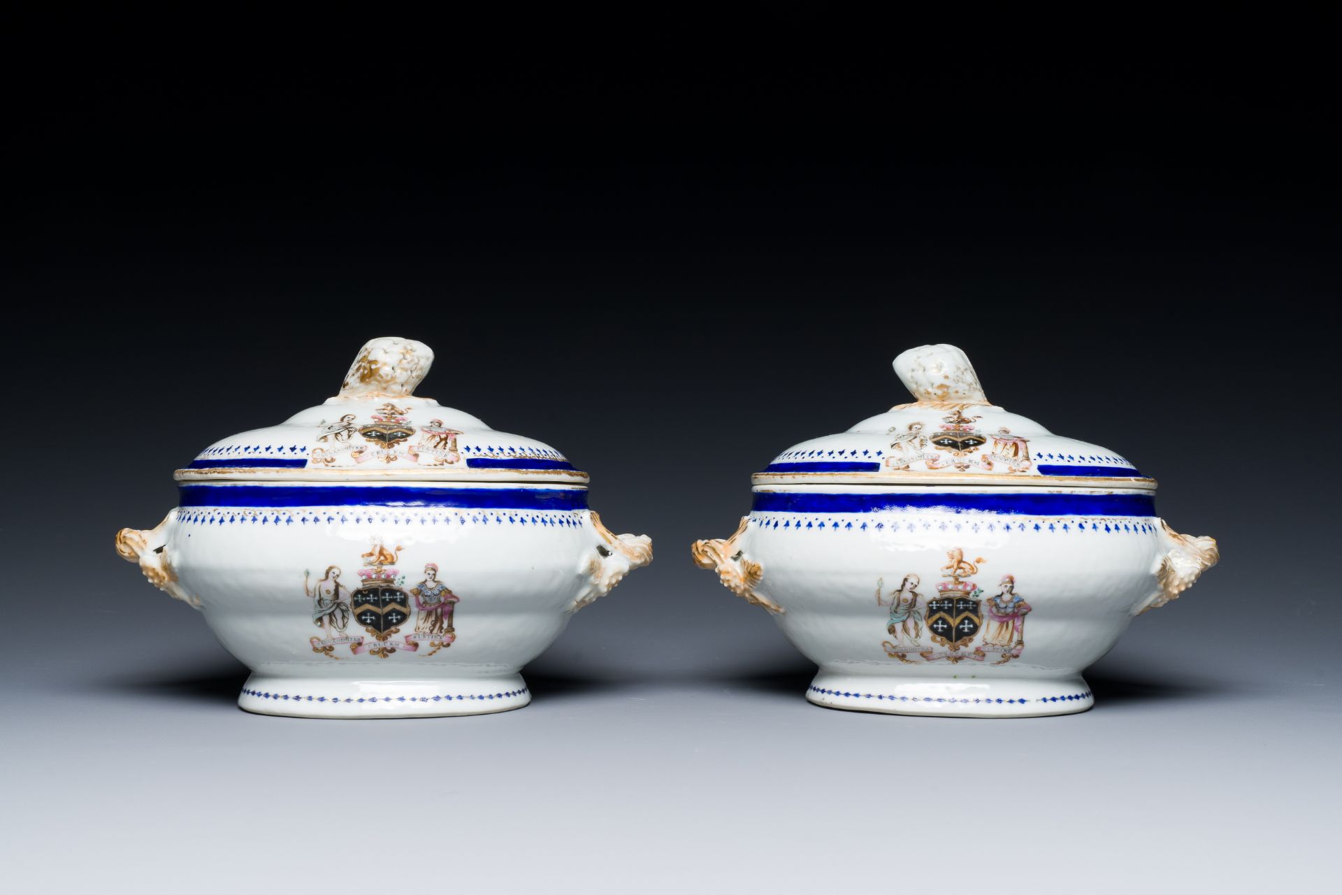 A pair of Chinese famille rose tureens and covers for the English market with the arms of Kenyon imp - Image 4 of 7