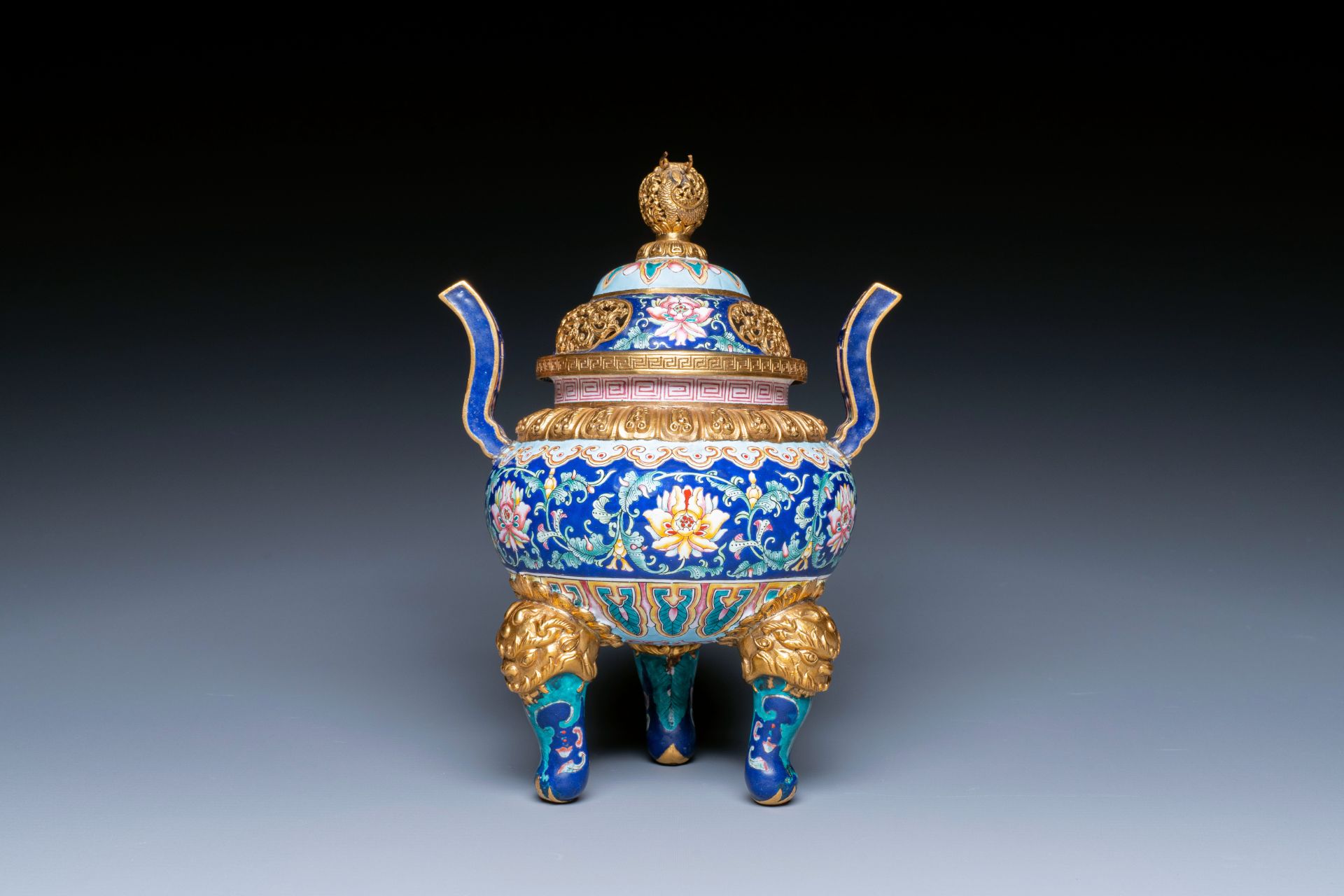 A Chinese 'imperial tribute' blue-ground Canton enamel incense burner and cover, Qianlong mark and o - Image 4 of 10