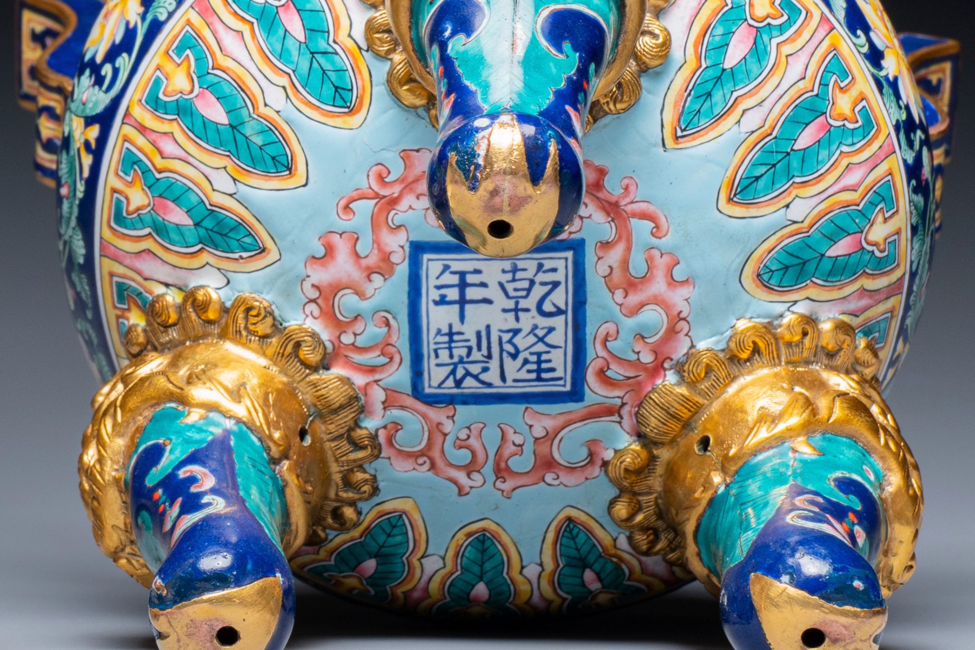A Chinese 'imperial tribute' blue-ground Canton enamel incense burner and cover, Qianlong mark and o - Image 7 of 10
