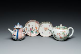 Two Chinese famille verte and Imari-style teapots and two saucers, Kangxi and later