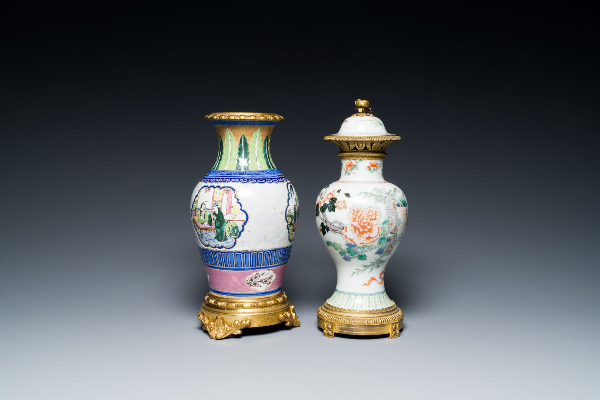 A Chinese famille verte vase and an enamelled Yixing stoneware vase with gilt bronze mounts, 19th C. - Image 2 of 6