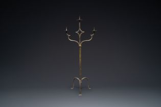 A large French gothic wrought iron three-lights candlestick, ca. 1500