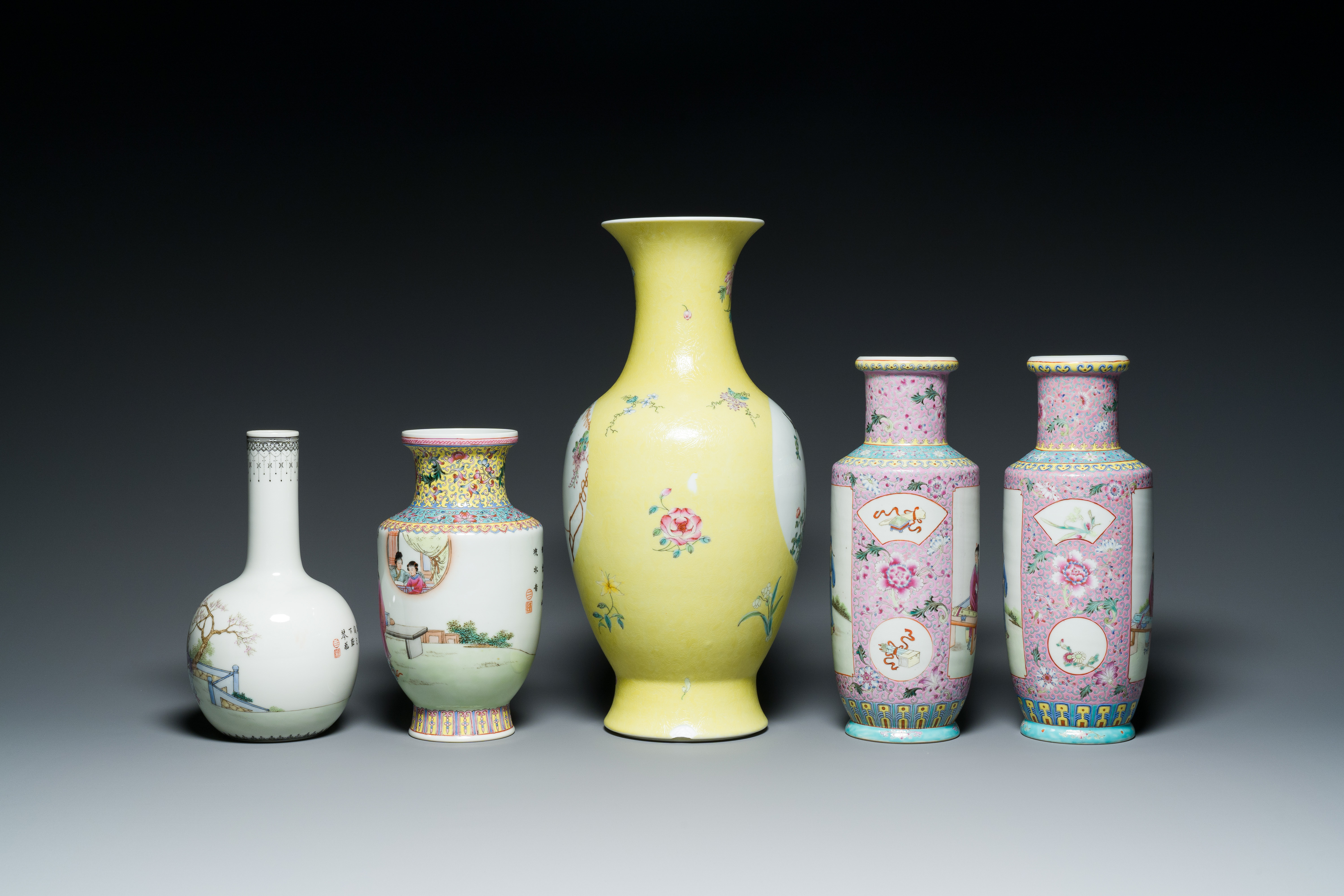 Five Chinese famille rose vases, Qianlong marks, 20th C. - Image 5 of 7