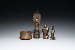 Three Japanese bronze sculptures of Buddha and of Guanyin and a censer, Edo/Meiji, 18/19th C.