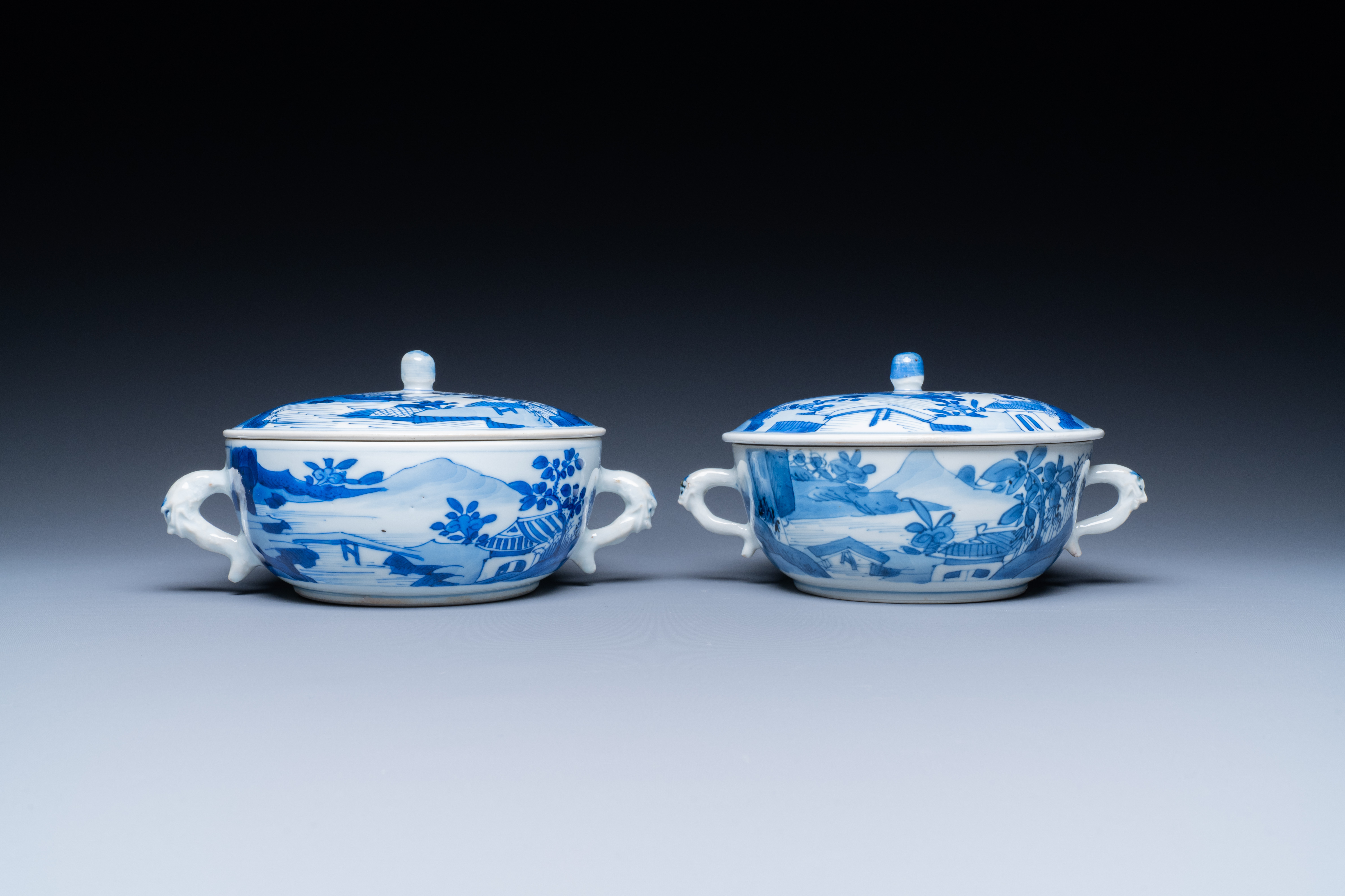 A pair of Chinese blue and white bowls and covers, Kangxi - Image 2 of 7