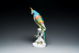 A large polychrome Meissen porcelain sculpture of a perched parrot, Germany, 19th C.