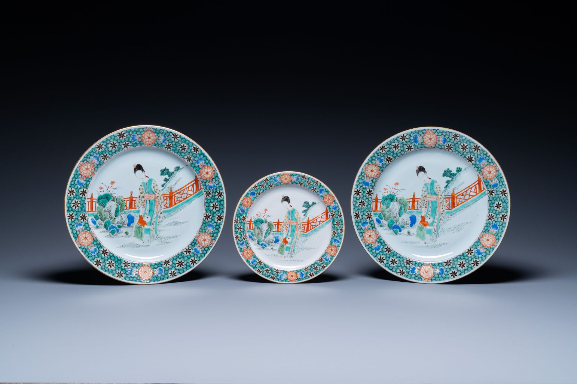 A pair of Chinese famille verte dishes and a plate with a mother and her son, Kangxi - Image 2 of 3