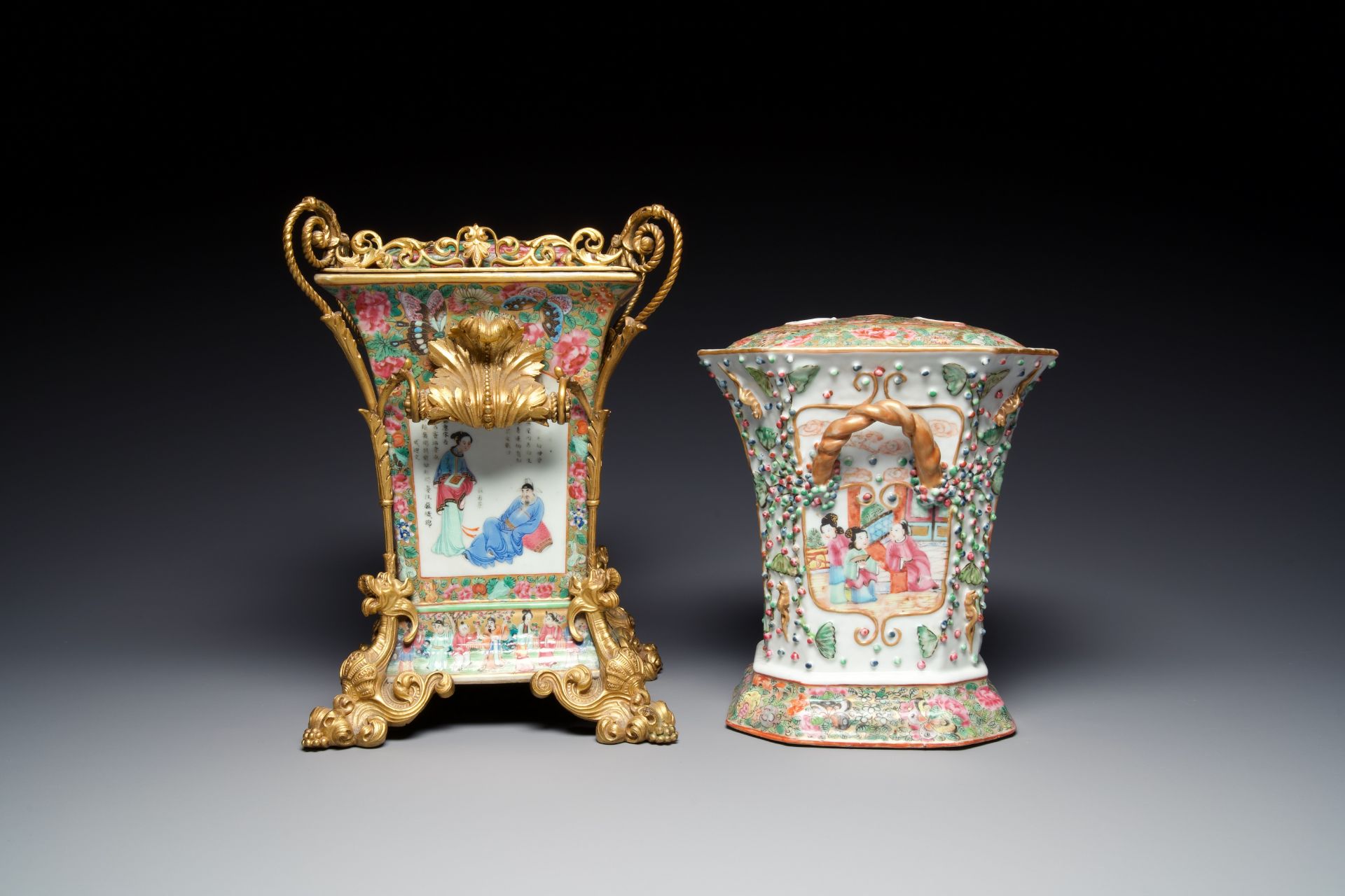 Two fine Chinese Canton famille rose flower holders, one with a gilt bronze mount, 19th C. - Image 5 of 7