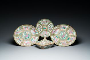 Three Chinese Canton famille rose dishes and a tureen and cover, 19th C.