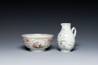 A Chinese grisaille 'Crucifixion' jug and a bowl for the American market, Qianlong