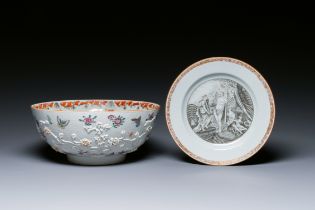 A Chinese 'mythological subject' grisaille plate and a relief-decorated famille rose 'insects' bowl,