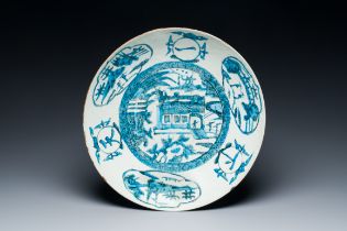 A deep Chinese turquoise- and black-enamelled Swatow 'monastery' dish, Ming